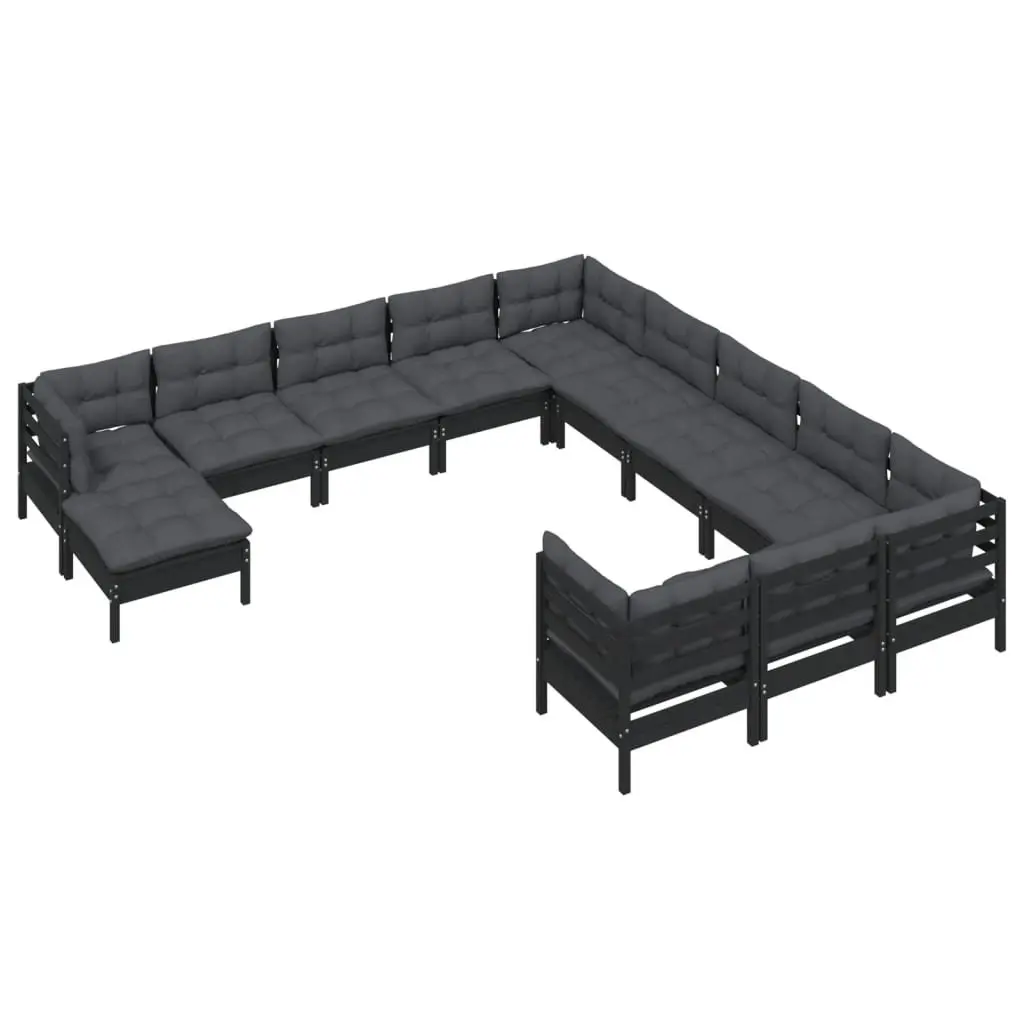 Garden Lounge Set Black 12 Piece Pinewood Modular Patio Furniture with Cushions