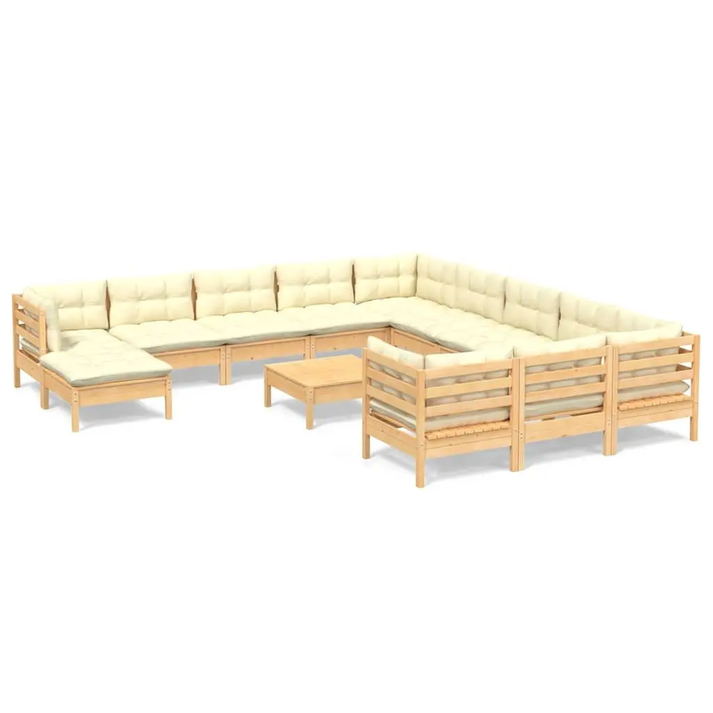 Garden Lounge Set 13 Piece Outdoor Patio Furniture Pinewood with Cream Cushions