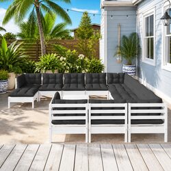 Garden Lounge Set 13 Piece White Pinewood Outdoor Furniture with Cushions