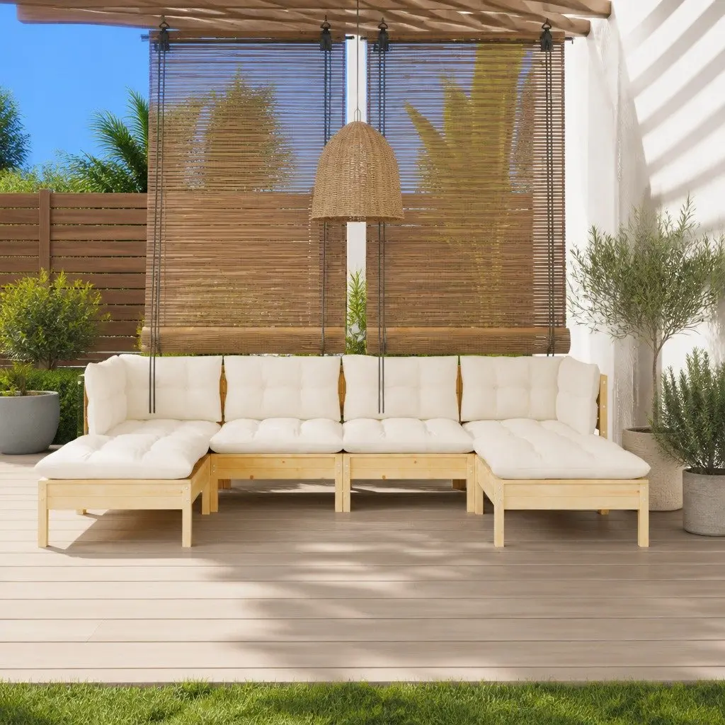 Garden Lounge Set 6 Piece Outdoor Patio Furniture Pinewood with Cream Cushions