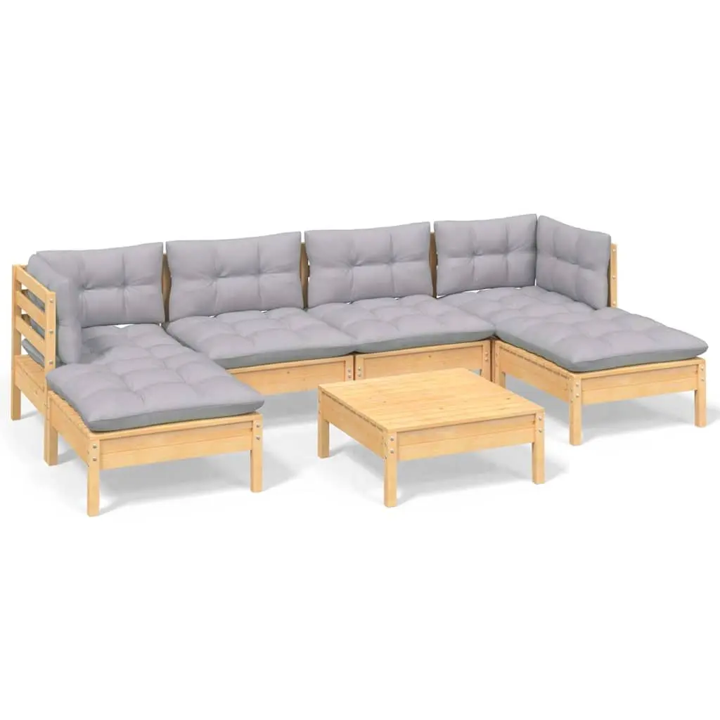 Garden Lounge Set 7 Piece Outdoor Patio Furniture with Grey Cushions Pinewood