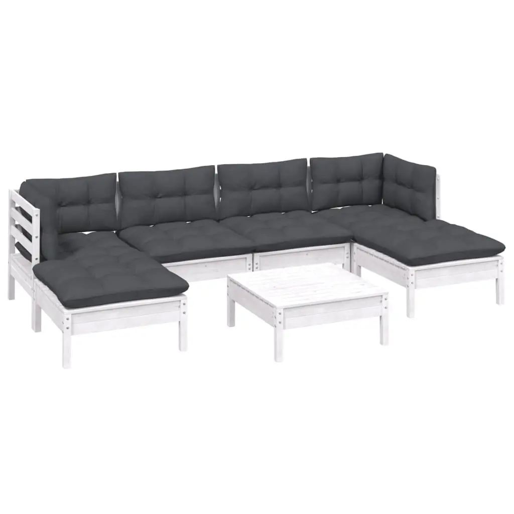 7 Piece Garden Lounge Set with Cushions White Pinewood Outdoor Patio Furniture