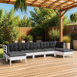 7 Piece Garden Lounge Set with Cushions White Pinewood Outdoor Patio Furniture