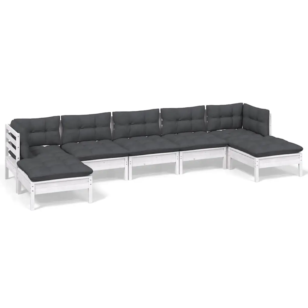 7 Piece Garden Lounge Set White Pinewood Outdoor Patio Furniture with Cushions