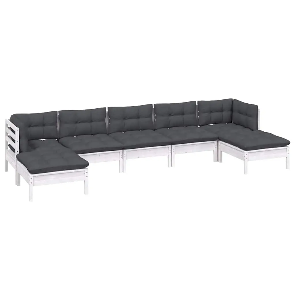 7 Piece Garden Lounge Set White Pinewood Outdoor Patio Furniture with Cushions