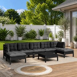 Garden Lounge Set 8 Piece Black Pinewood Patio Furniture with Cushions Modular