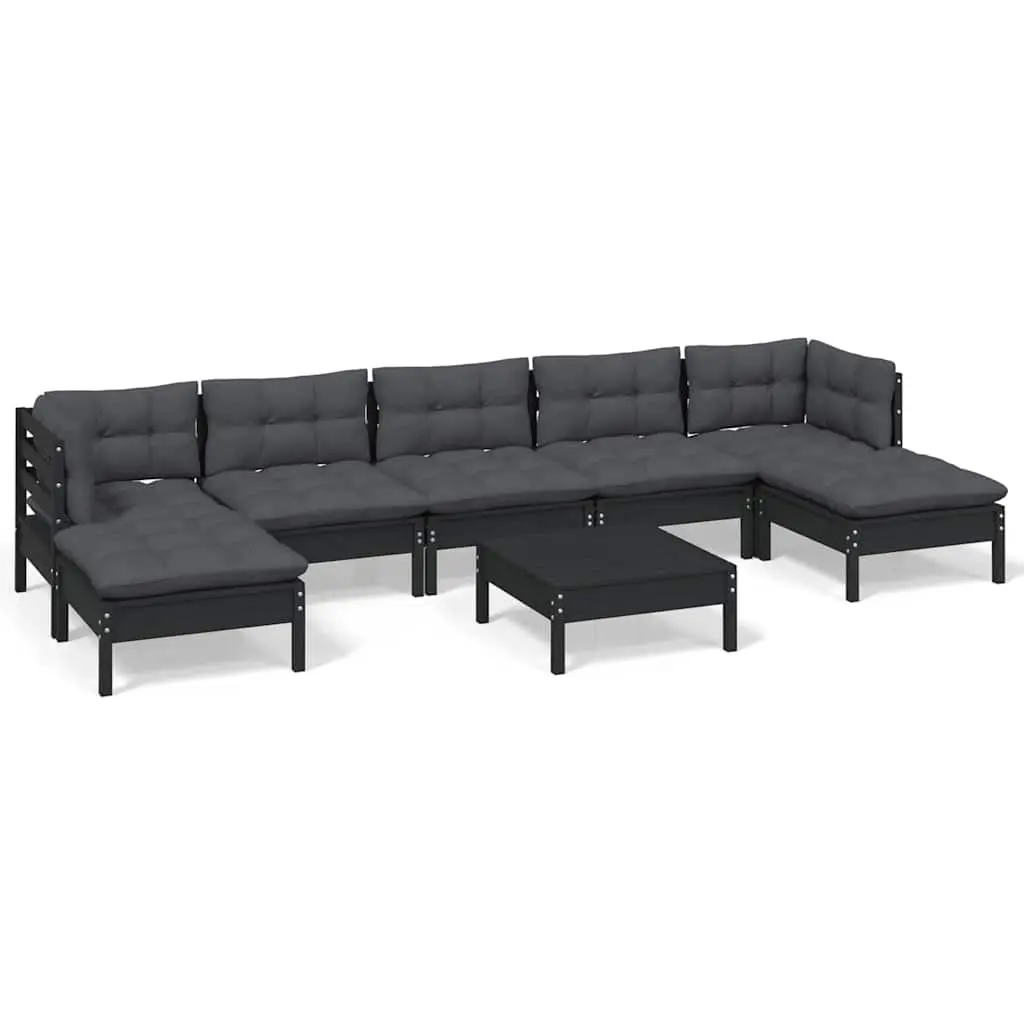Garden Lounge Set Black 8 Piece Pinewood Modular Patio Furniture with Cushions