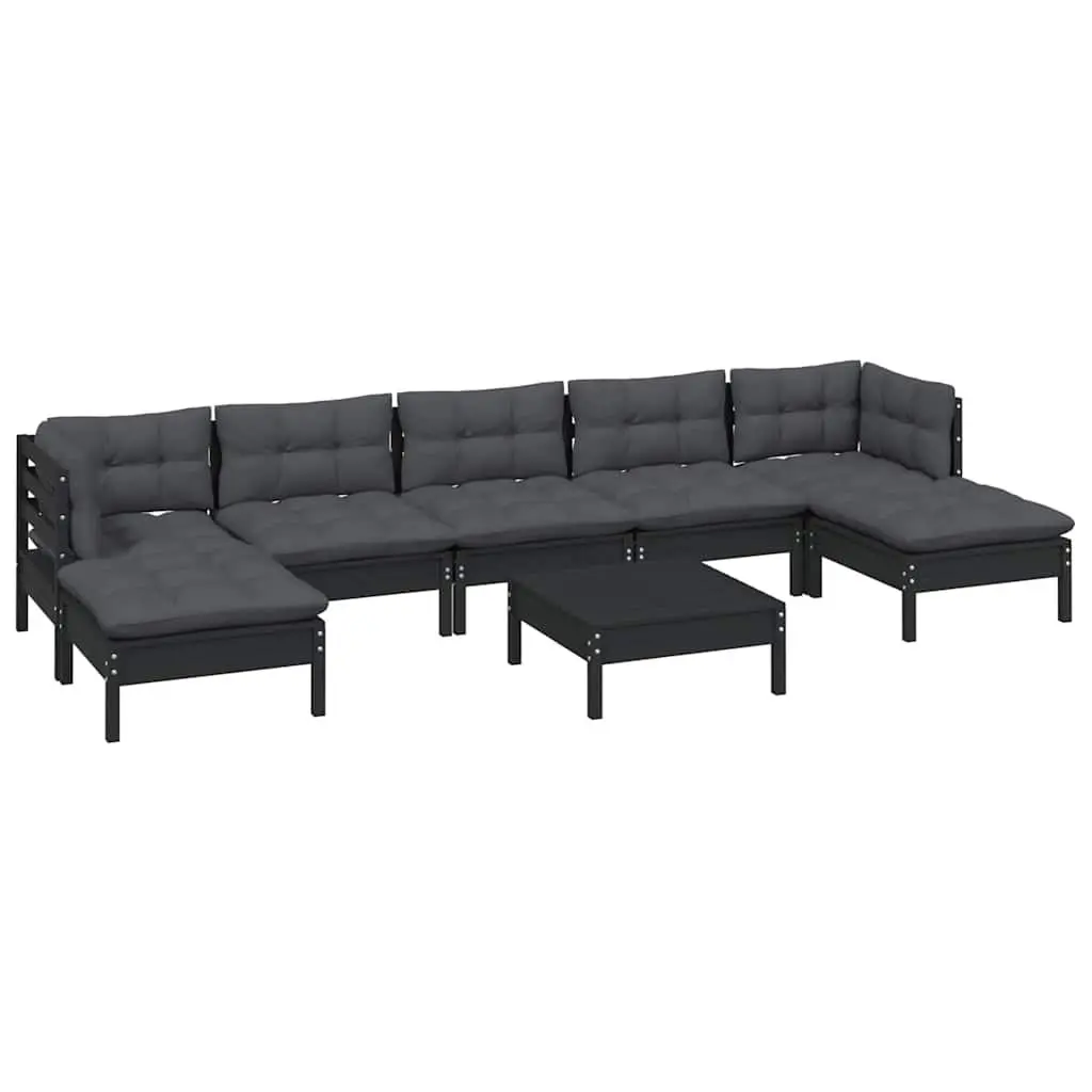 Garden Lounge Set Black 8 Piece Pinewood Modular Patio Furniture with Cushions