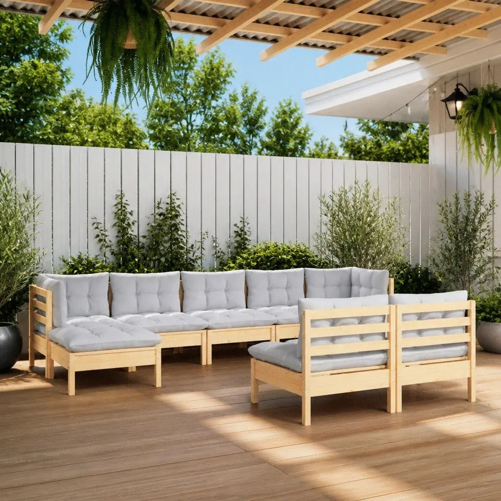 Garden Lounge Set 9 Piece Outdoor Patio Furniture Grey Cushions Pinewood