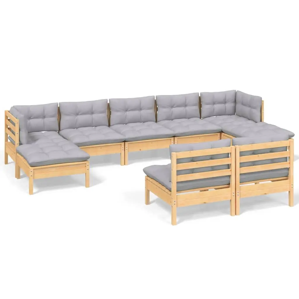 Garden Lounge Set 9 Piece Outdoor Patio Furniture Grey Cushions Pinewood