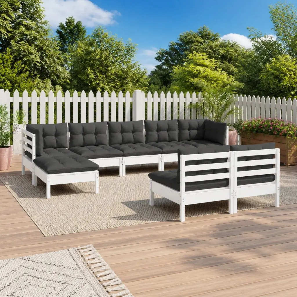 Garden Lounge Set White 9 Piece Pinewood Outdoor Furniture with Cushions
