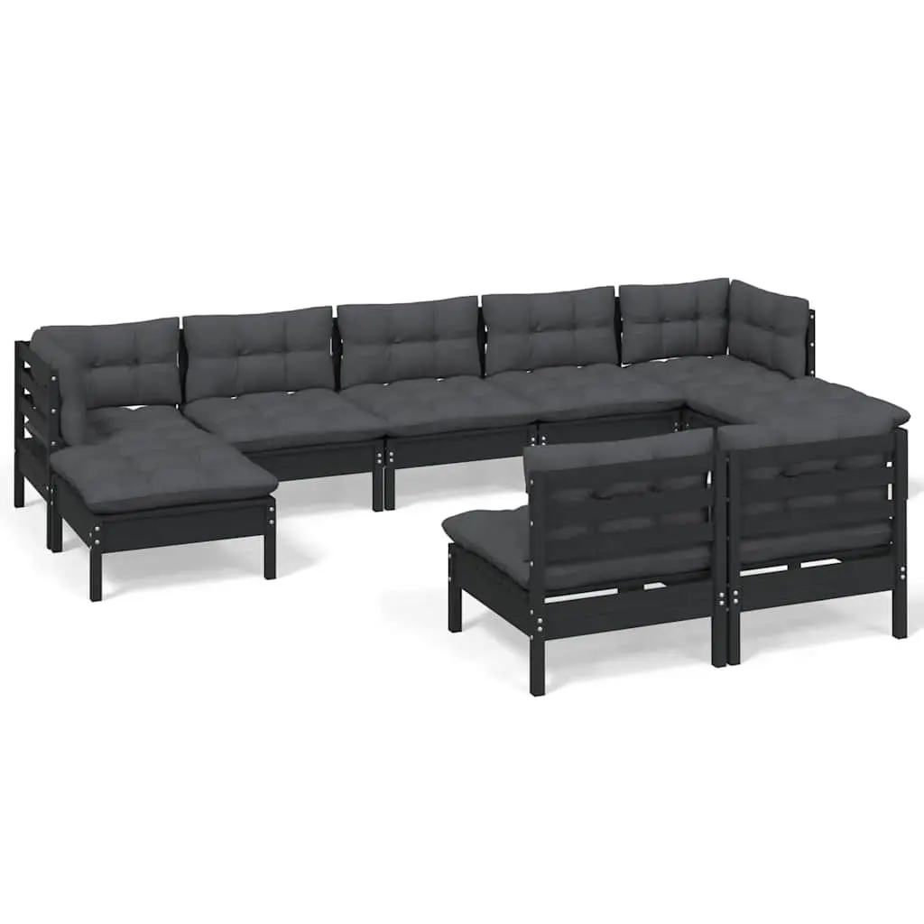 Garden Lounge Set 9 Piece Outdoor Patio Furniture Black Pinewood with Cushions
