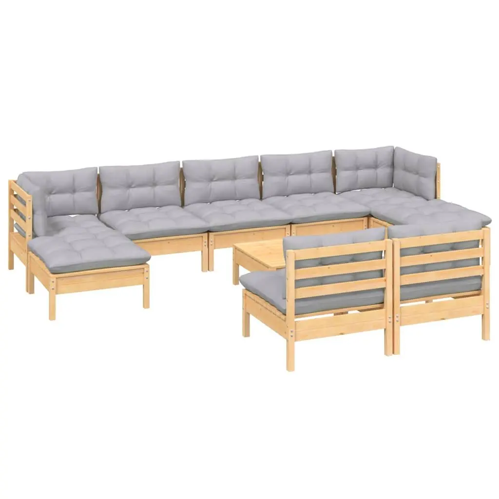 Garden Lounge Set Grey 10 Pieces Modular Outdoor Furniture Pinewood with Cushions