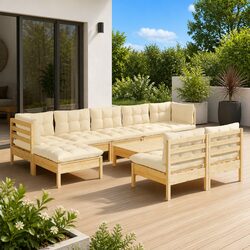 Garden Lounge Set 10 Piece Outdoor Patio Furniture Modular Pinewood Cream