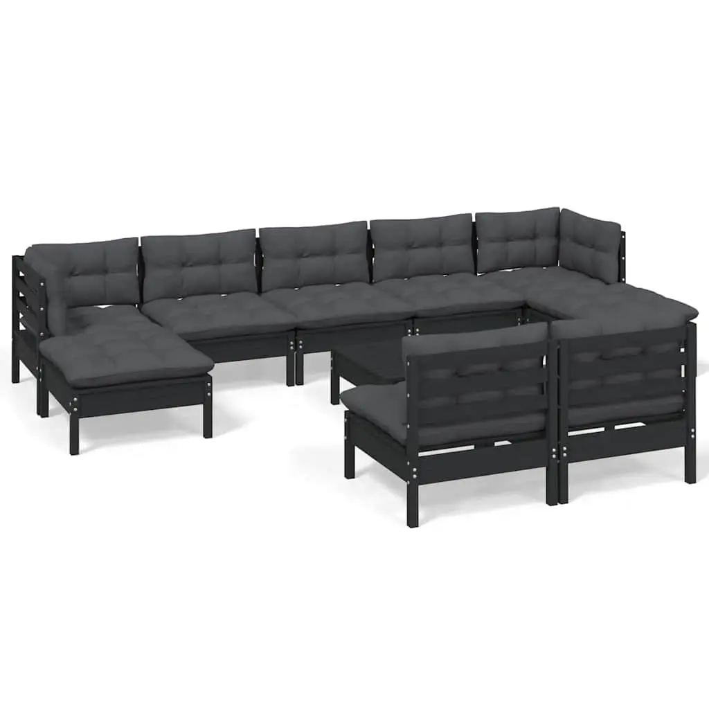 Garden Lounge Set 10 Piece Black Pinewood Patio Furniture with Cushions Outdoor
