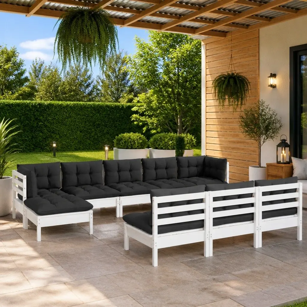 Garden Lounge Set White 10 Piece Pinewood Outdoor Furniture with Cushions
