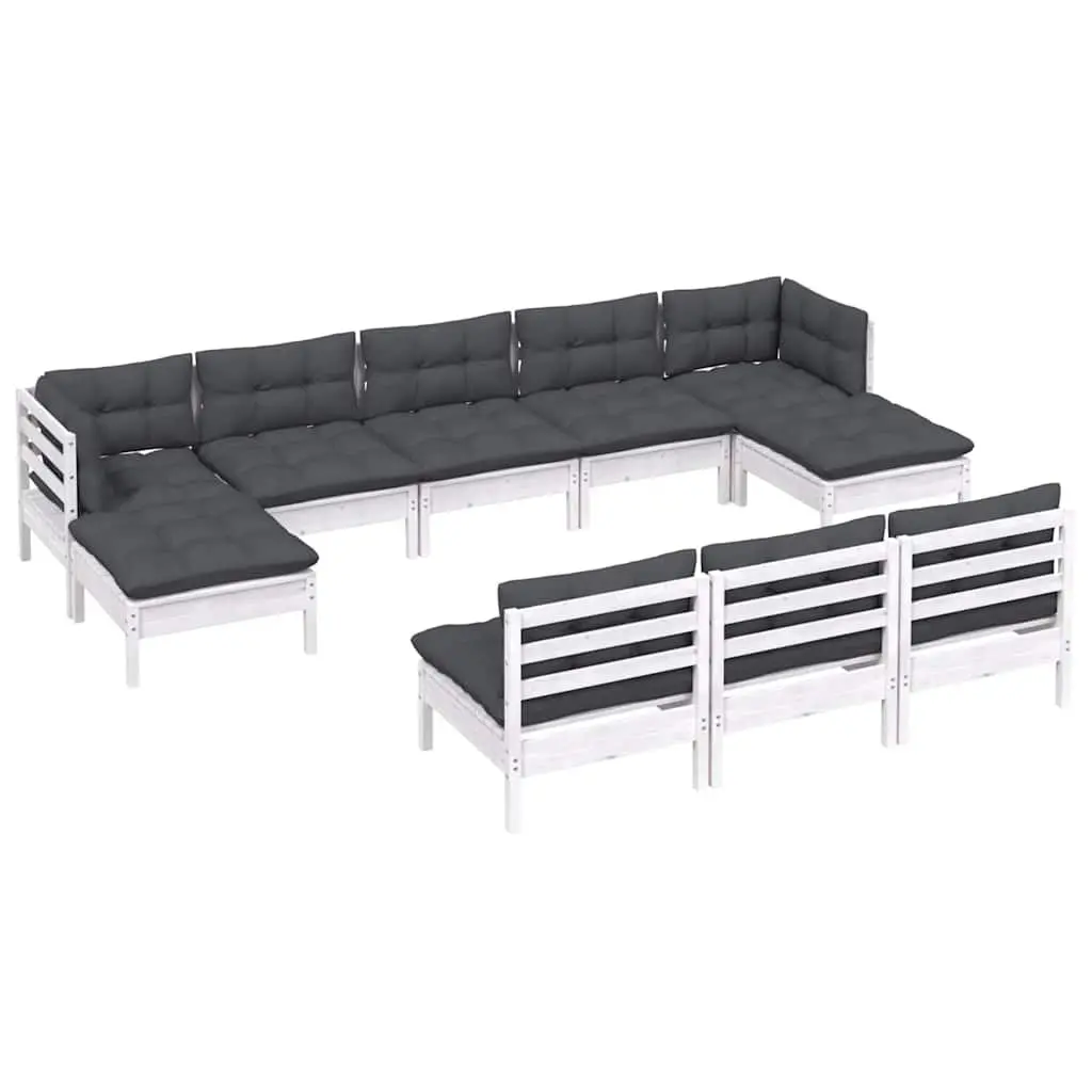 Garden Lounge Set White 10 Piece Pinewood Outdoor Furniture with Cushions