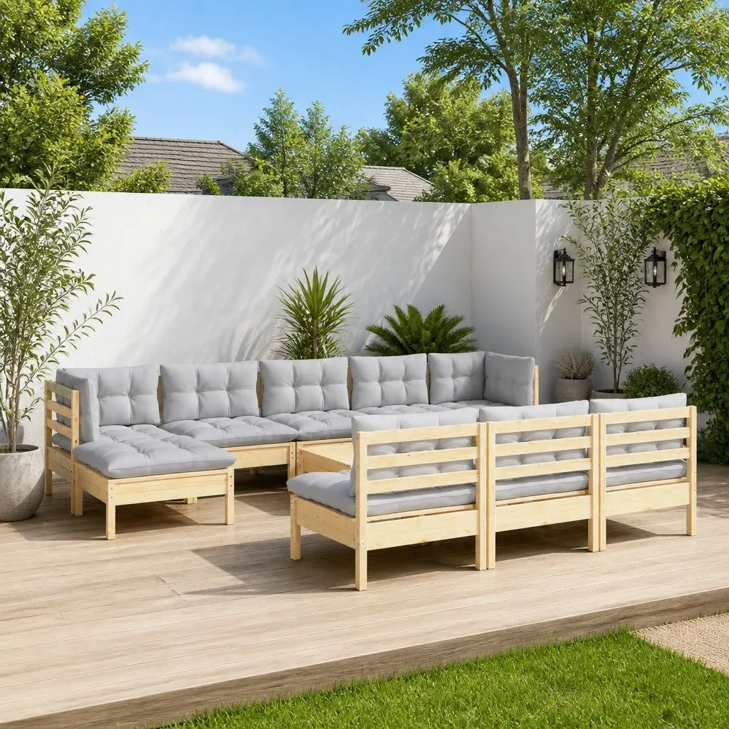 Garden Lounge Set 11 Piece Wooden Patio Furniture with Grey Cushions Modular
