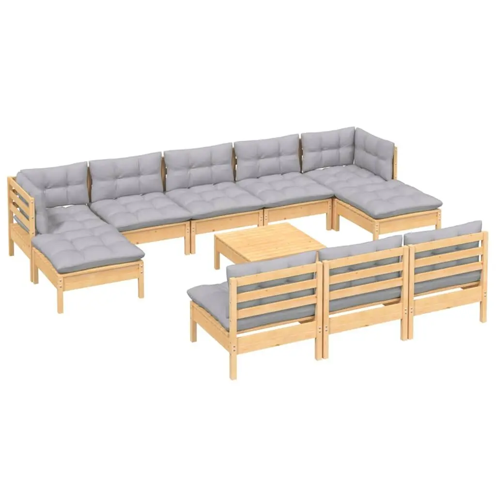 Garden Lounge Set 11 Piece Wooden Patio Furniture with Grey Cushions Modular