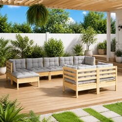 Garden Lounge Set 9 Piece Outdoor Patio Furniture with Grey Cushions Modular