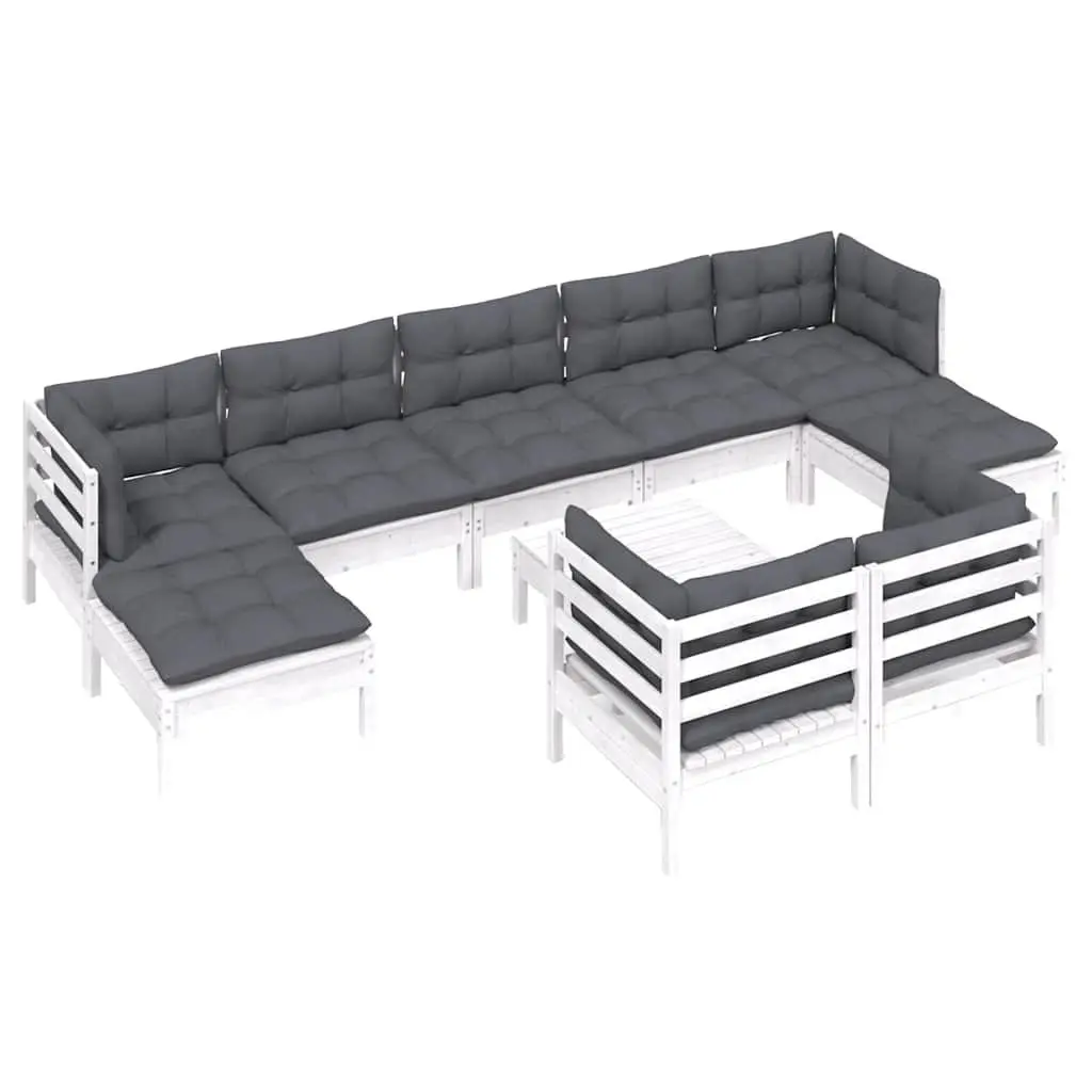 Garden Lounge Set White 10 Piece Solid Pinewood Outdoor Patio Furniture with Cushions