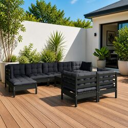 Garden Lounge Set 10 Piece Modular Patio Furniture Black Solid Pinewood Cushions