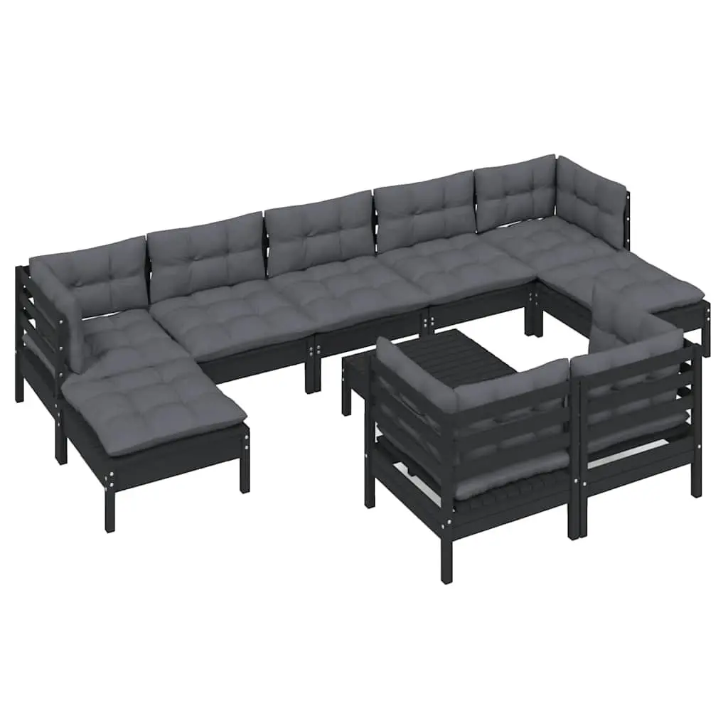 Garden Lounge Set Black 10 Piece Modular Patio Furniture Solid Pinewood Cushions