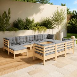 10 Piece Outdoor Lounge Set - Pinewood & Grey Cushions
