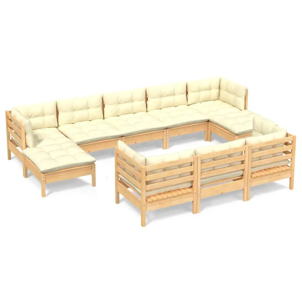 Garden Lounge Set 10 Piece Outdoor Furniture Solid Pinewood with Cream Cushions