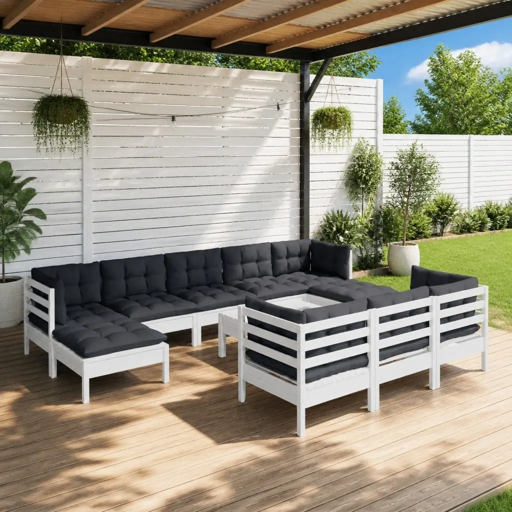 11 Piece Garden Lounge Set White Solid Pinewood Modular Outdoor Patio Furniture with Cushions