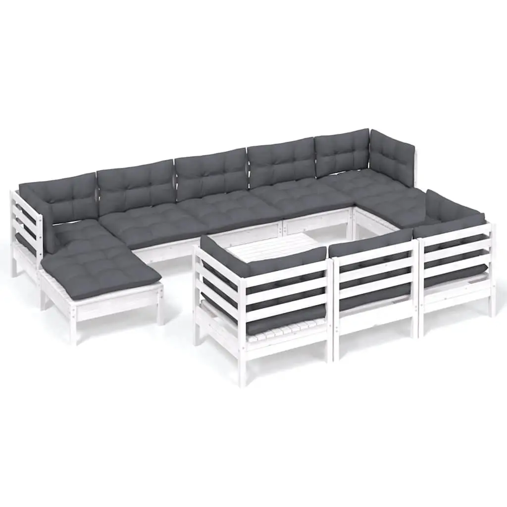 11 Piece Garden Lounge Set White Solid Pinewood Modular Outdoor Patio Furniture with Cushions