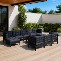 Garden Lounge Set 11 Piece Black Outdoor Patio Furniture with Cushions Modular
