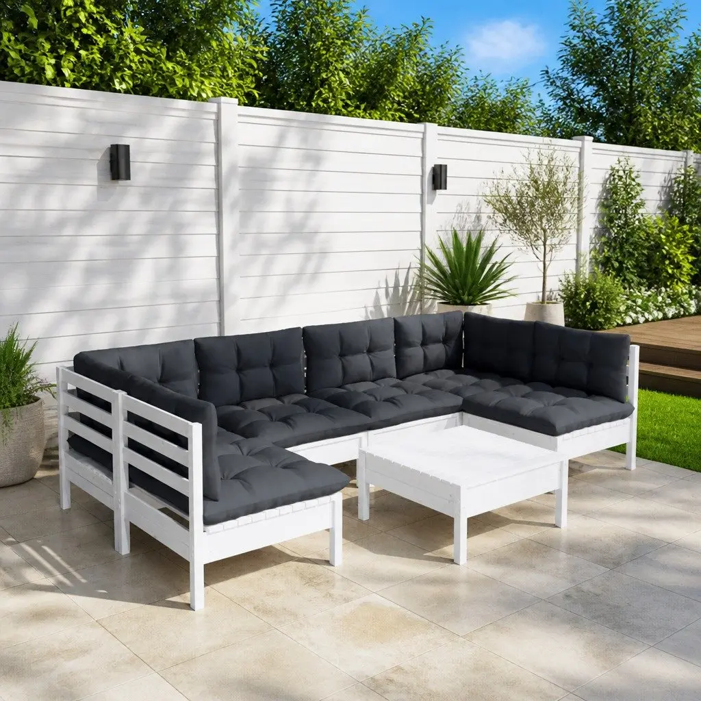 Garden Lounge Set White 7 Piece Solid Pinewood Outdoor Furniture with Cushions