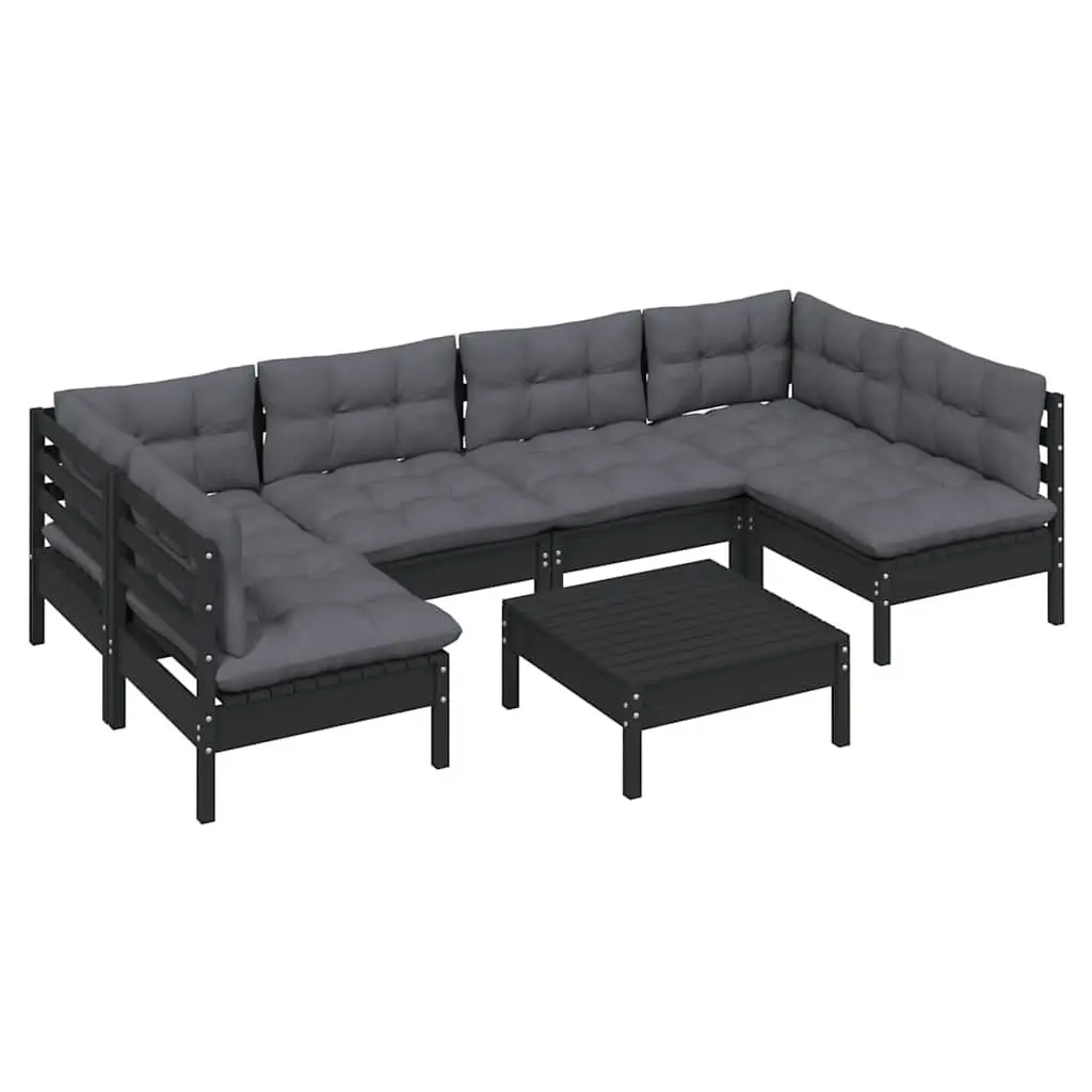 Garden Lounge Set 7 Piece Patio Furniture Black Solid Pinewood with Cushions