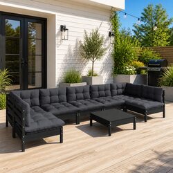 Garden Lounge Set 8 Piece Outdoor Patio Furniture with Cushions Black Pinewood