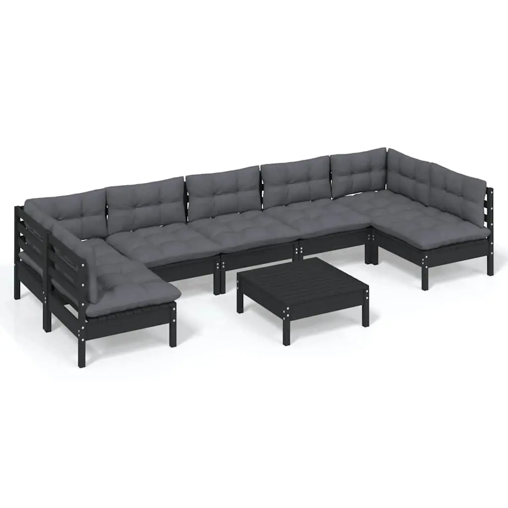 Garden Lounge Set Black 8 Piece Outdoor Patio Furniture with Cushions Solid Pinewood