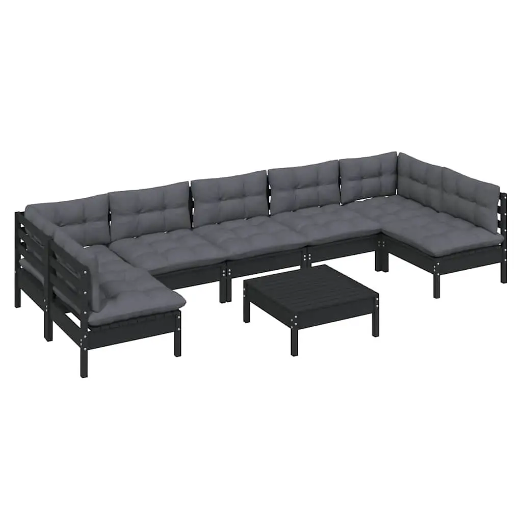 Garden Lounge Set Black 8 Piece Outdoor Patio Furniture with Cushions Solid Pinewood