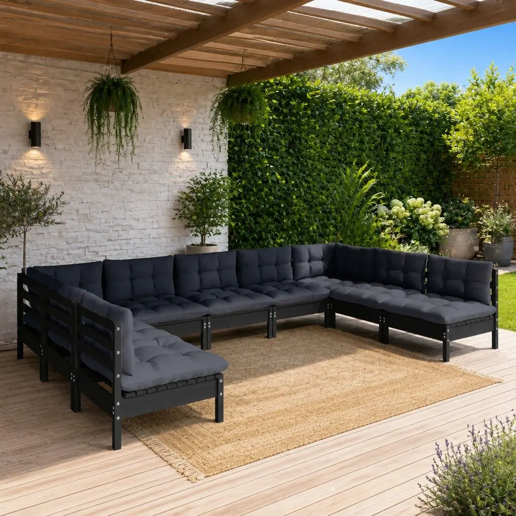 Garden Lounge Set Black 9 Piece Outdoor Patio Furniture Solid Pinewood with Cushions