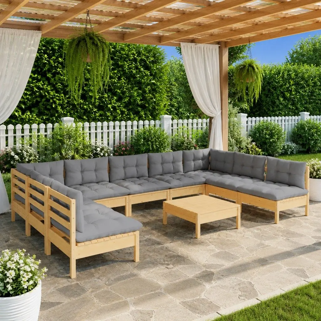 Garden Lounge Set 10 Piece Outdoor Patio Furniture Grey Cushions Modular