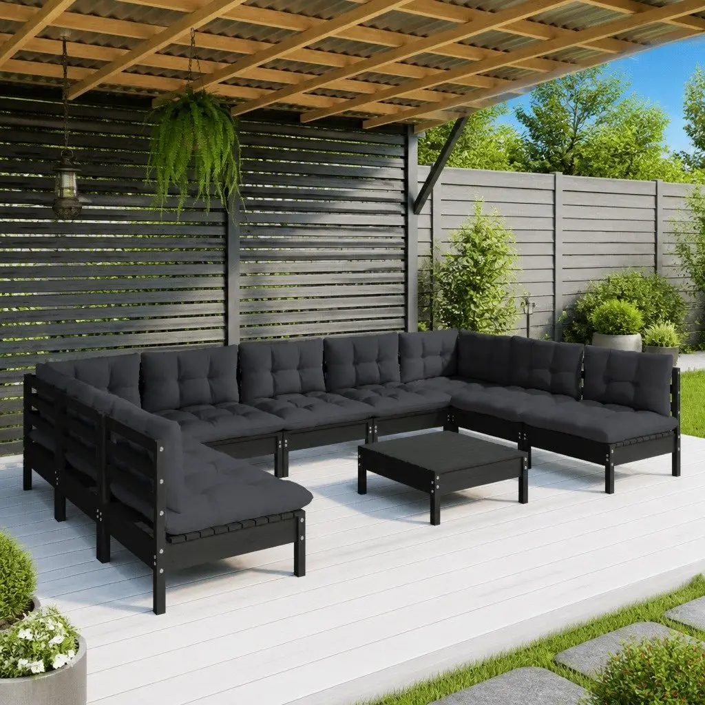 Garden Lounge Set Black 10 Piece Outdoor Patio Furniture Solid Pinewood with Cushions