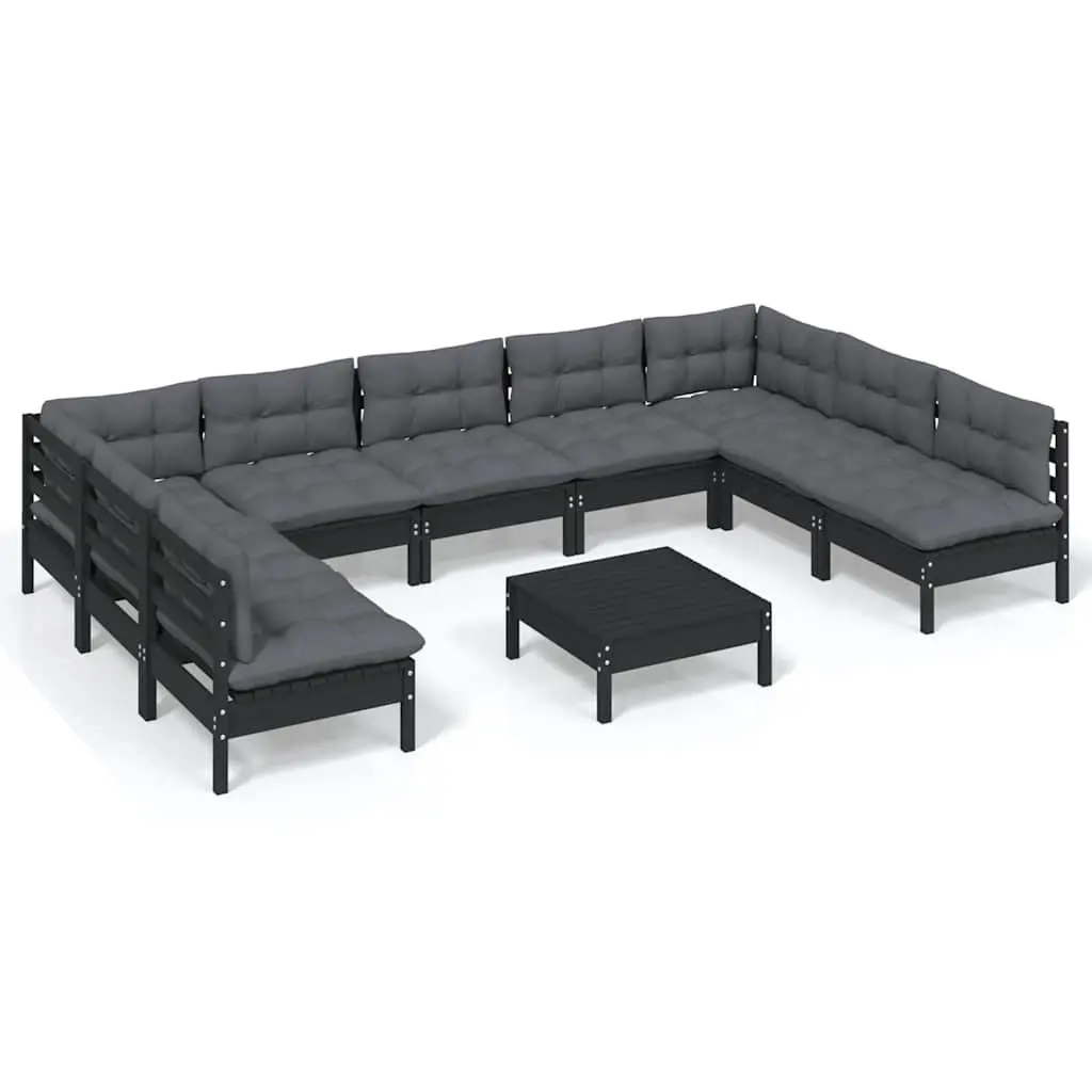 Garden Lounge Set Black 10 Piece Outdoor Patio Furniture Solid Pinewood with Cushions