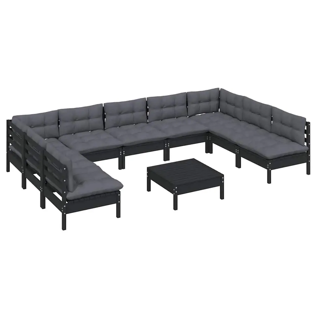 Garden Lounge Set Black 10 Piece Outdoor Patio Furniture Solid Pinewood with Cushions