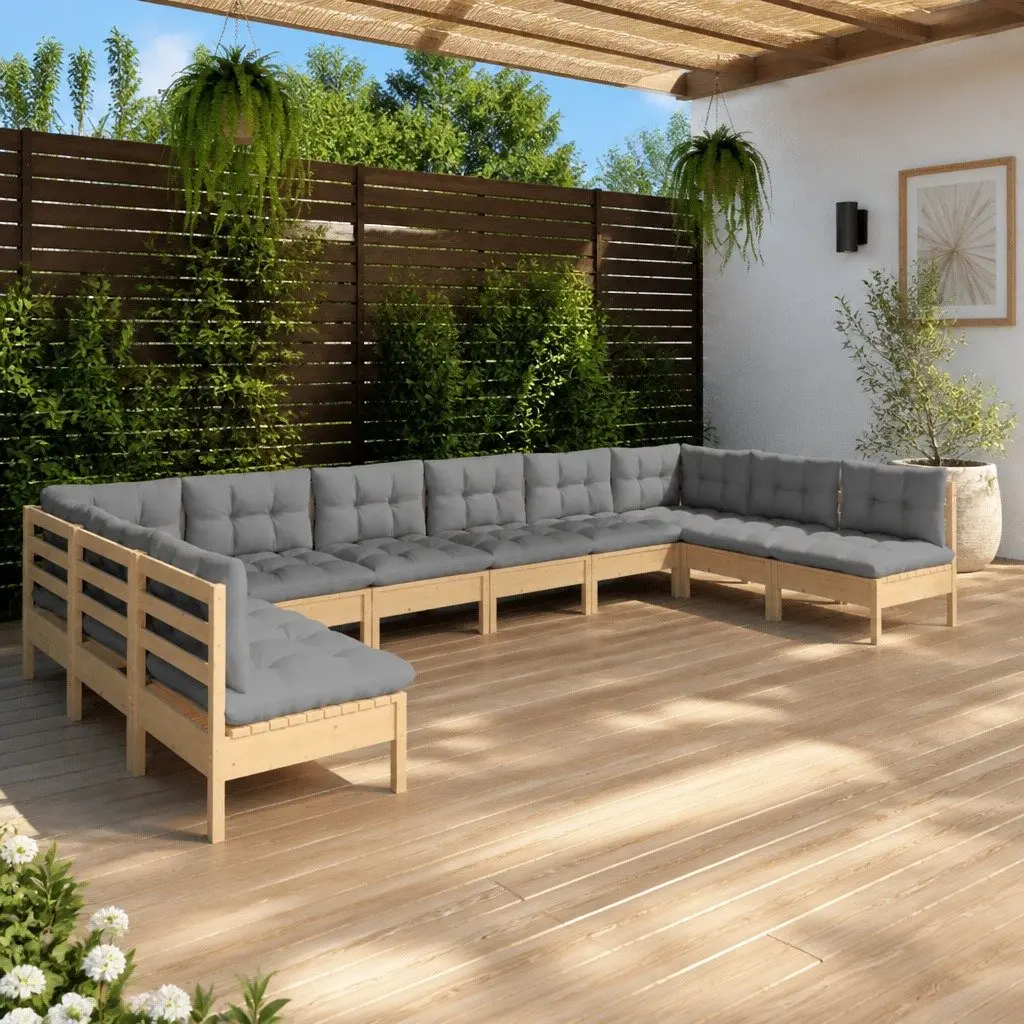 Garden Lounge Set 10 Piece Outdoor Furniture with Grey Cushions Solid Pinewood