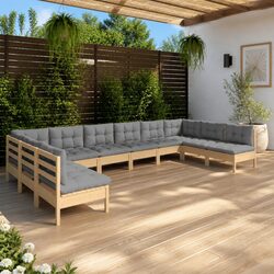 Outdoor Lounge Set - 10 Pieces with Comfortable Grey Cushions