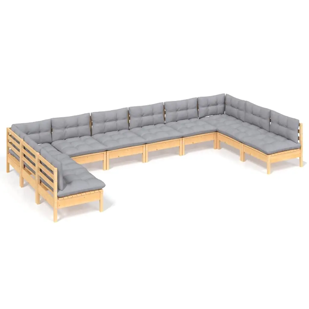 Garden Lounge Set 10 Piece Outdoor Furniture with Grey Cushions Solid Pinewood