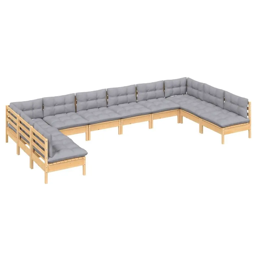 Garden Lounge Set 10 Piece Outdoor Furniture with Grey Cushions Solid Pinewood