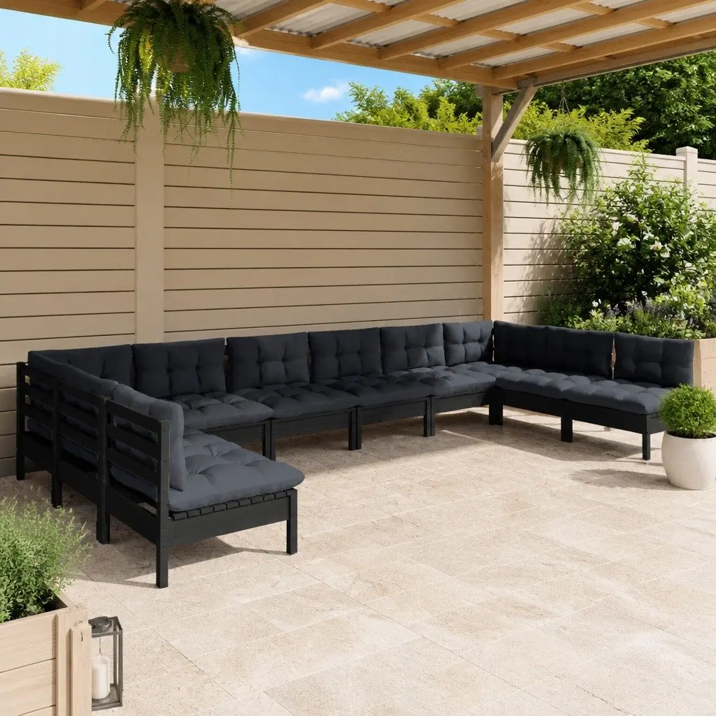Garden Lounge Set Black 10 Piece Outdoor Patio Furniture Solid Pinewood with Cushions