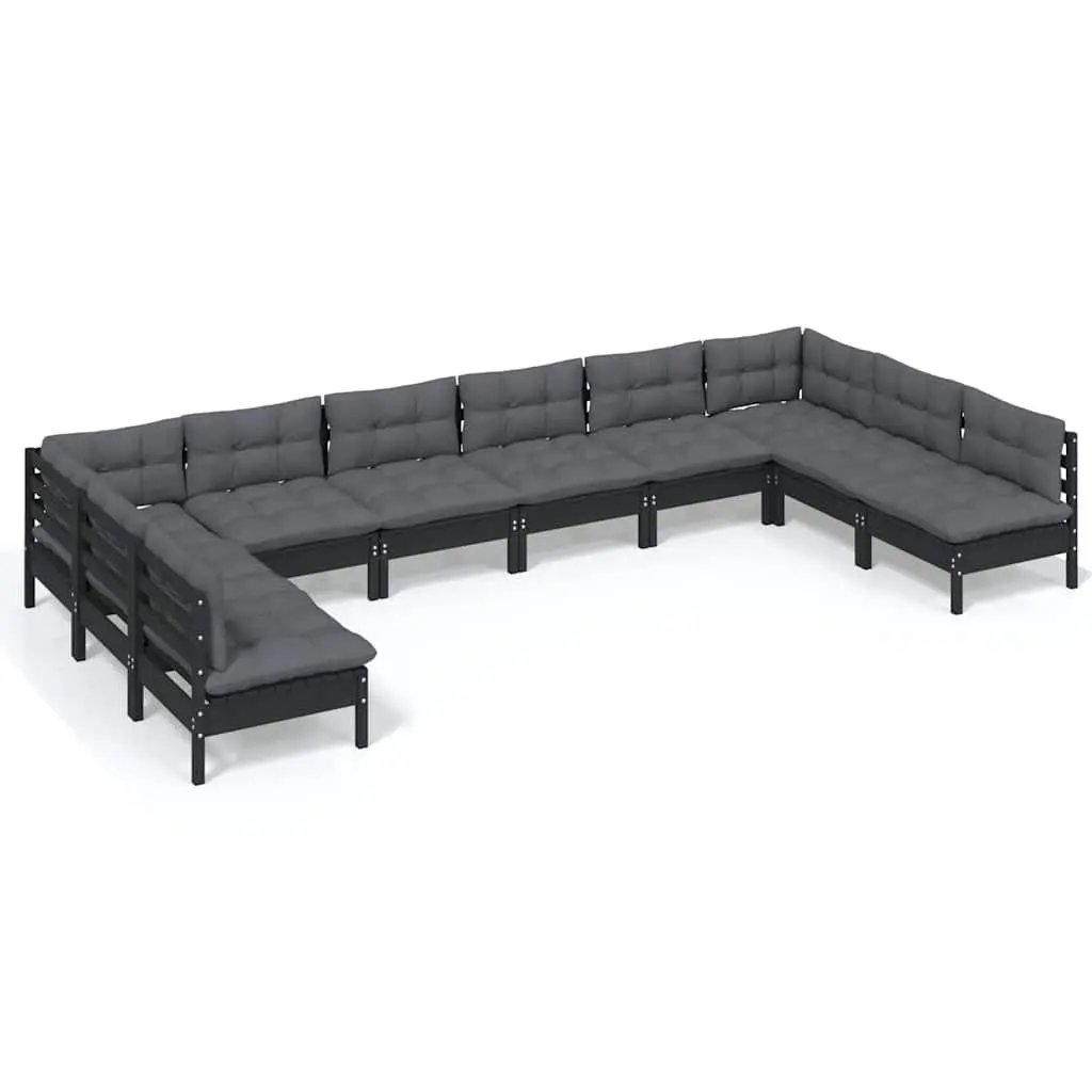 Garden Lounge Set Black 10 Piece Outdoor Patio Furniture Solid Pinewood with Cushions