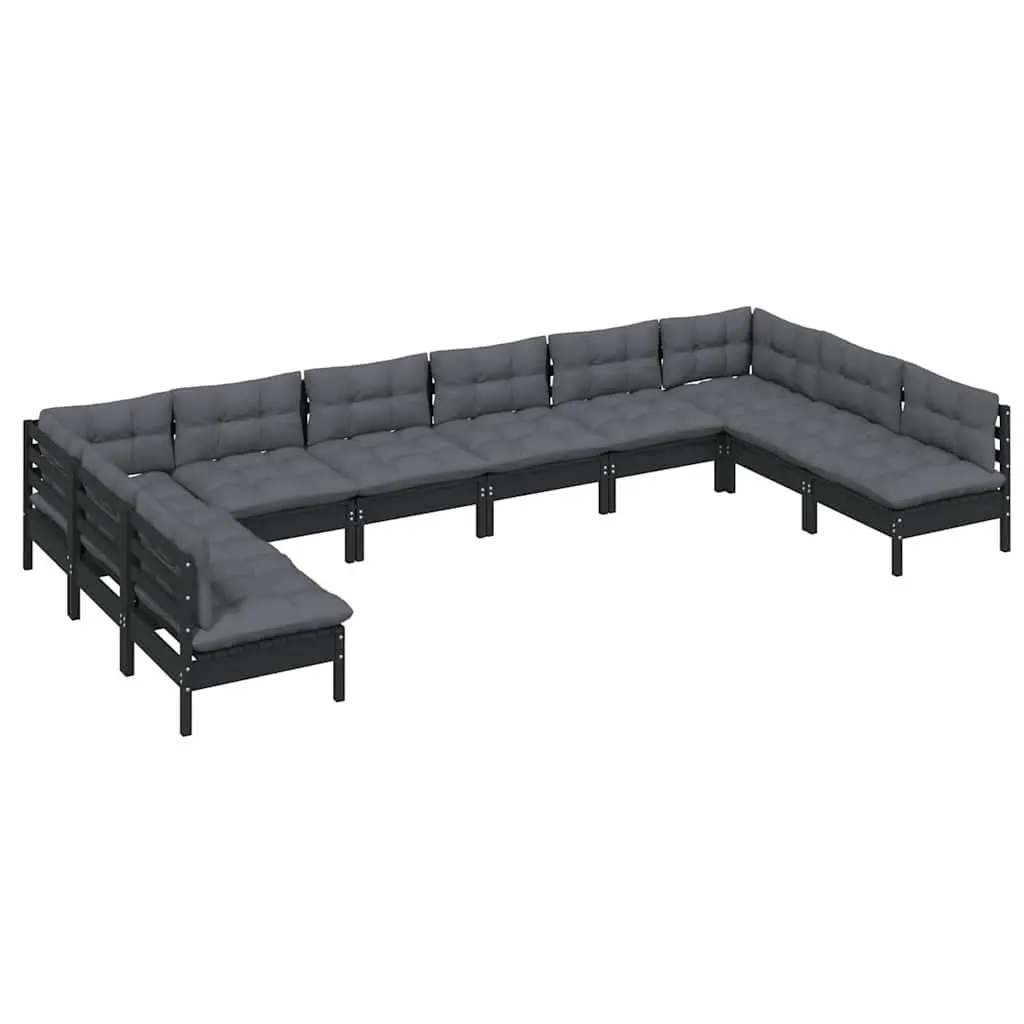 Garden Lounge Set Black 10 Piece Outdoor Patio Furniture Solid Pinewood with Cushions
