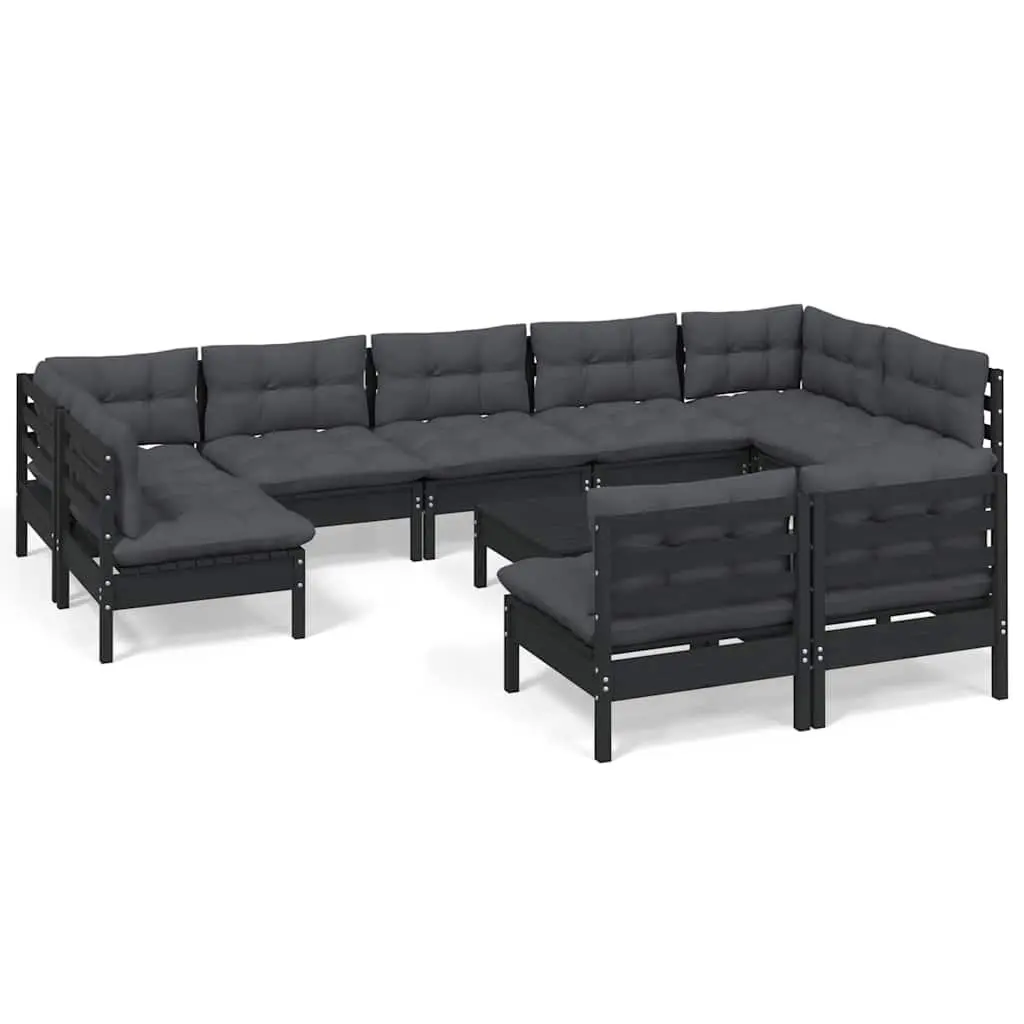 Garden Lounge Set 10 Piece Black Solid Pinewood Patio Furniture with Cushions